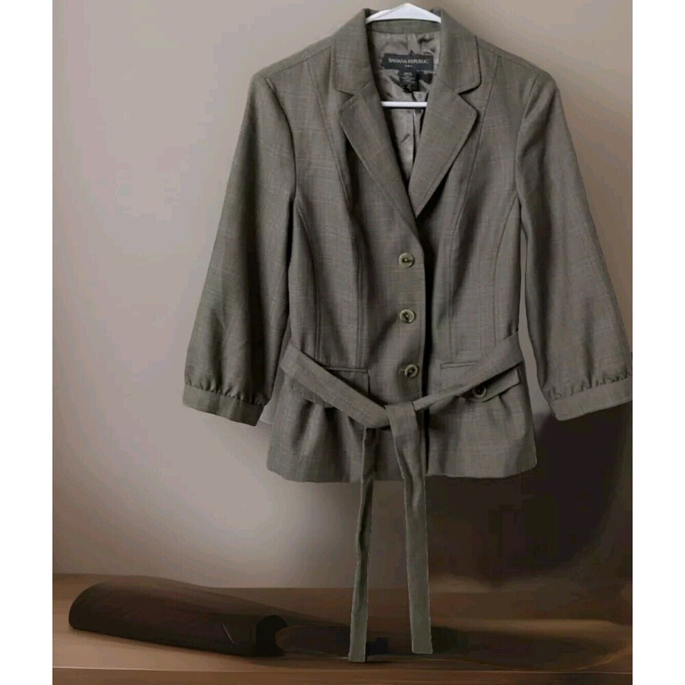 Banana Republic Blazer Womens 10 Wool Belted 3 Button 3/4 Sleeve Career Brown
